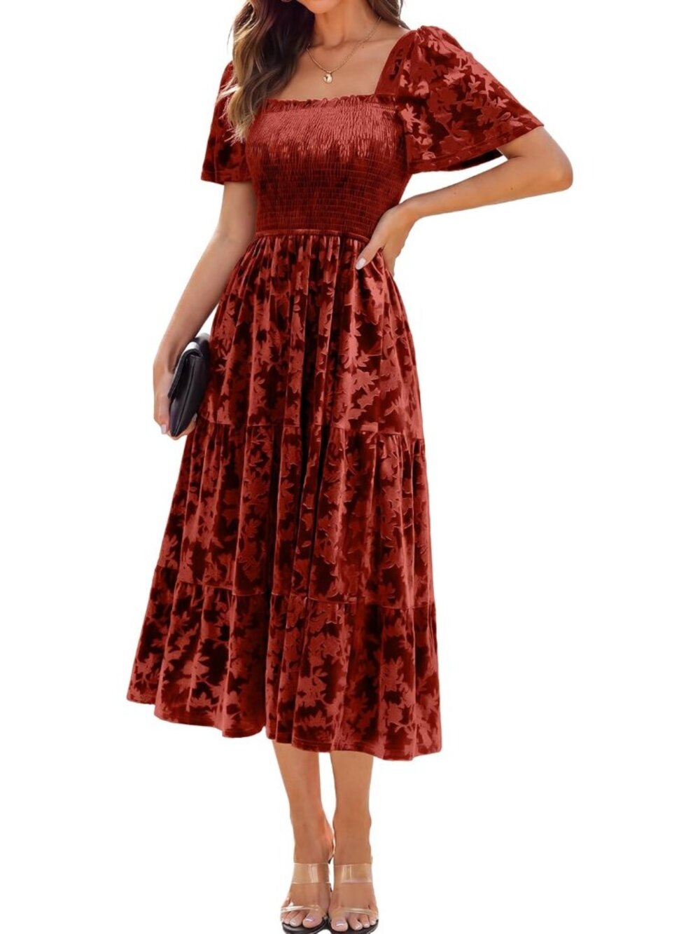 Women's Orange Red Square Neck Short Sleeve Flroal Wedding Velvet Maxi Dresses